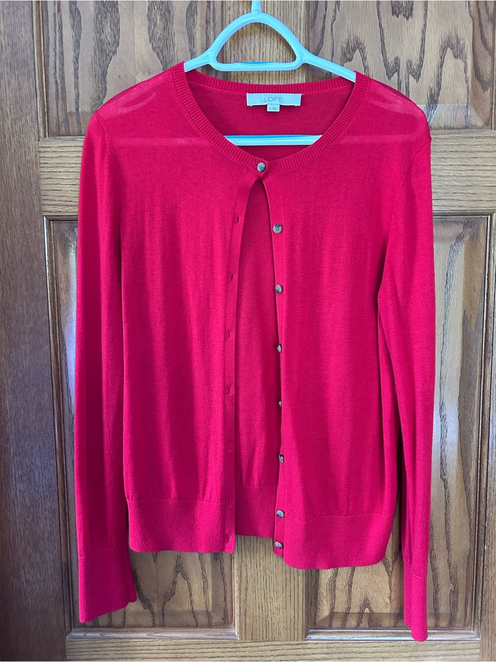LOFT Bright Red Button-Front Crewneck Cardigan